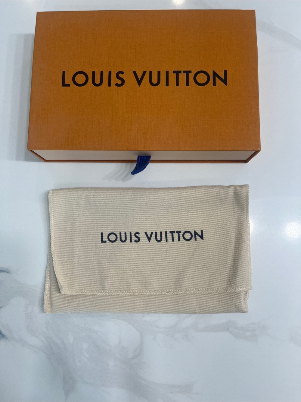 Louis Vuitton Cream Fabric Dust Pouch with Navy Logo and drawer box
